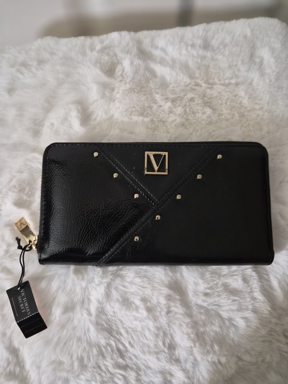 Victoria's Secret Black Patent Zip-Around Wallet with Gold Studs